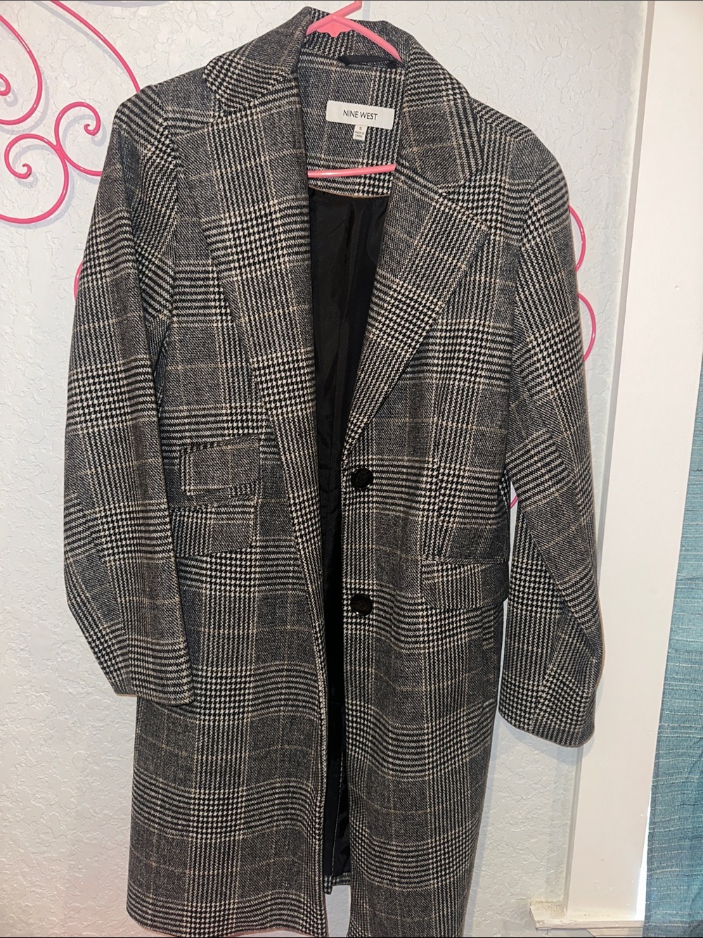 Nine West Black and Gray Plaid Long Trench Coat ladies small